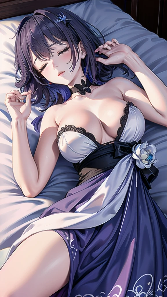 Masterpiece, Beautiful art, professional artist, 8k, Very detailed face, Detailed clothing, detailed fabric, 1 girl, Soul Fullness \(Honkai Impact 3rd\), View from above, lying on the ground, completely naked, BIG BREASTS, perfectly drawn naked body, sleeping expression, Closed eyes, pale skin, beautiful face, short dark blue hair, pink cheeks, choker:1.6, Sensual Lips , winter night, dark forest, Atmosphere, fog, At night