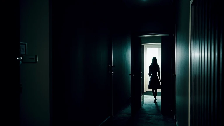 A woman stands in a dark bedroom, illuminated only by a dim light, clutching a baseball bat. She faces a slightly opened door leading to a pitch-black corridor. Emerging from the darkness is a tall, thin, demonic figure with eyes like white orbs and a mouth filled with sharp, gleaming teeth. The creature has prominent horns, enhancing its terrifying appearance. The atmosphere is tense and eerie, capturing the woman's fear and the sinister presence of the demon.