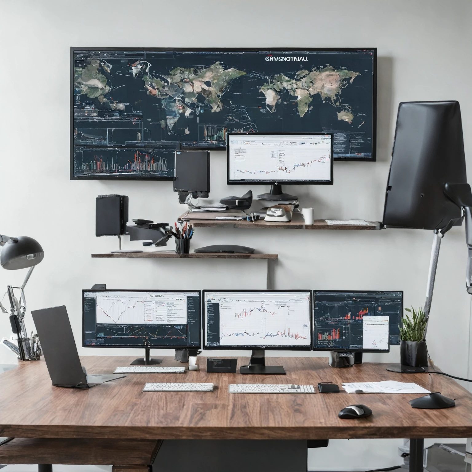 Create an image of a business consultant in a modern office, discussing graphs and data with an executive. No fundo, there must be a large screen displaying data graphs and artificial intelligence elements. The image must convey a professional and collaborative environment, focusing on innovation and technology.