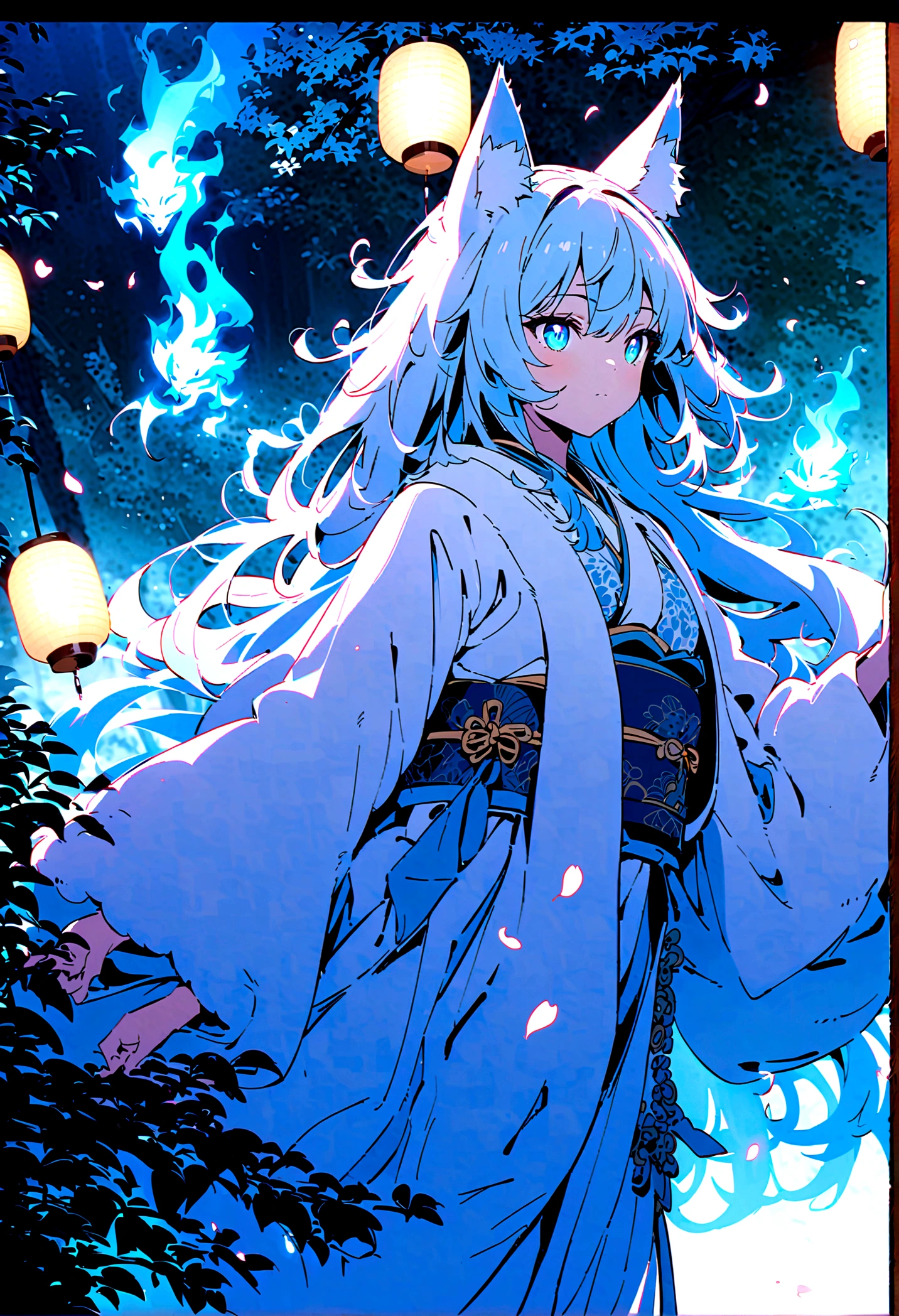 fox Light blue hair 　beast girl　indigo fur　fox beast girl　fox Light blue hair 　beast girl　indigo fur　fox beast girl　Wallpaper 4k,8k,highly detailled,,vivid colors,detailed kitsune with 9 tails,traditional Japanese artwork,tatami floor,beautiful cherry blossoms,floating lanterns,dark silhouette of a pagoda,subtle moonlight,dense forest,ethereal atmosphere,dappled sunlight,whimsical spirit,serene expression,elaborate kimono and obi,delicate hand-painted details,luminous eyes　Anime Style　fox　blue　White-faced golden-haired nine-tailed fox　Coat blue　　fox Light blue hair 　beast girl　indigo fur　fox beast girl　Anime Style　fox　blue　White-faced golden-haired nine-tailed fox　Coat blue　　　mysterious background　Blue Flame　girl　have a ball of light　fox Light blue hair 　beast girl　indigo fur　fox beast girl　mysterious background　Blue Flame　girl　have a ball of light Anime Style　fox　blue　White-faced golden-haired nine-tailed fox　Coat blue　　　mysterious background　Blue Flame　girl　have a ball of light