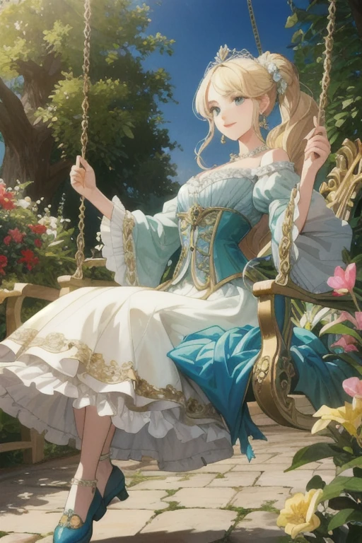 (Ultra-detailed, historically accurate, exquisite fashion, Baroque style)
A 16-year-old aristocratic French girl from the 18th century is tastefully portrayed. She dons a grand gown, intricately designed to reflect the opulence of the era, her blonde hair cascading gracefully over her shoulders. She sits regally on a garden swing, festooned with sparkling diamond earrings and a timeless pearl necklace, all reminiscent of the Genshin Impact animation's ornate details. The background depicts a lush, immaculately maintained French garden, with vibrant flowers and meticulously