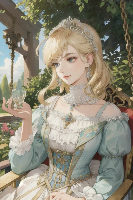 (Ultra-detailed, historically accurate, exquisite fashion, Baroque style)
A 16-year-old aristocratic French girl from the 18th century is tastefully portrayed. She dons a grand gown, intricately designed to reflect the opulence of the era, her blonde hair cascading gracefully over her shoulders. She sits regally on a garden swing, festooned with sparkling diamond earrings and a timeless pearl necklace, all reminiscent of the Genshin Impact animation's ornate details. The background depicts a lush, immaculately maintained French garden, with vibrant flowers and meticulously