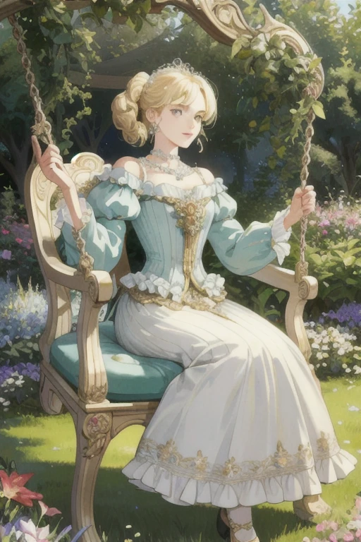 (Ultra-detailed, historically accurate, exquisite fashion, Baroque style)
A 16-year-old aristocratic French girl from the 18th century is tastefully portrayed. She dons a grand gown, intricately designed to reflect the opulence of the era, her blonde hair cascading gracefully over her shoulders. She sits regally on a garden swing, festooned with sparkling diamond earrings and a timeless pearl necklace, all reminiscent of the Genshin Impact animation's ornate details. The background depicts a lush, immaculately maintained French garden, with vibrant flowers and meticulously