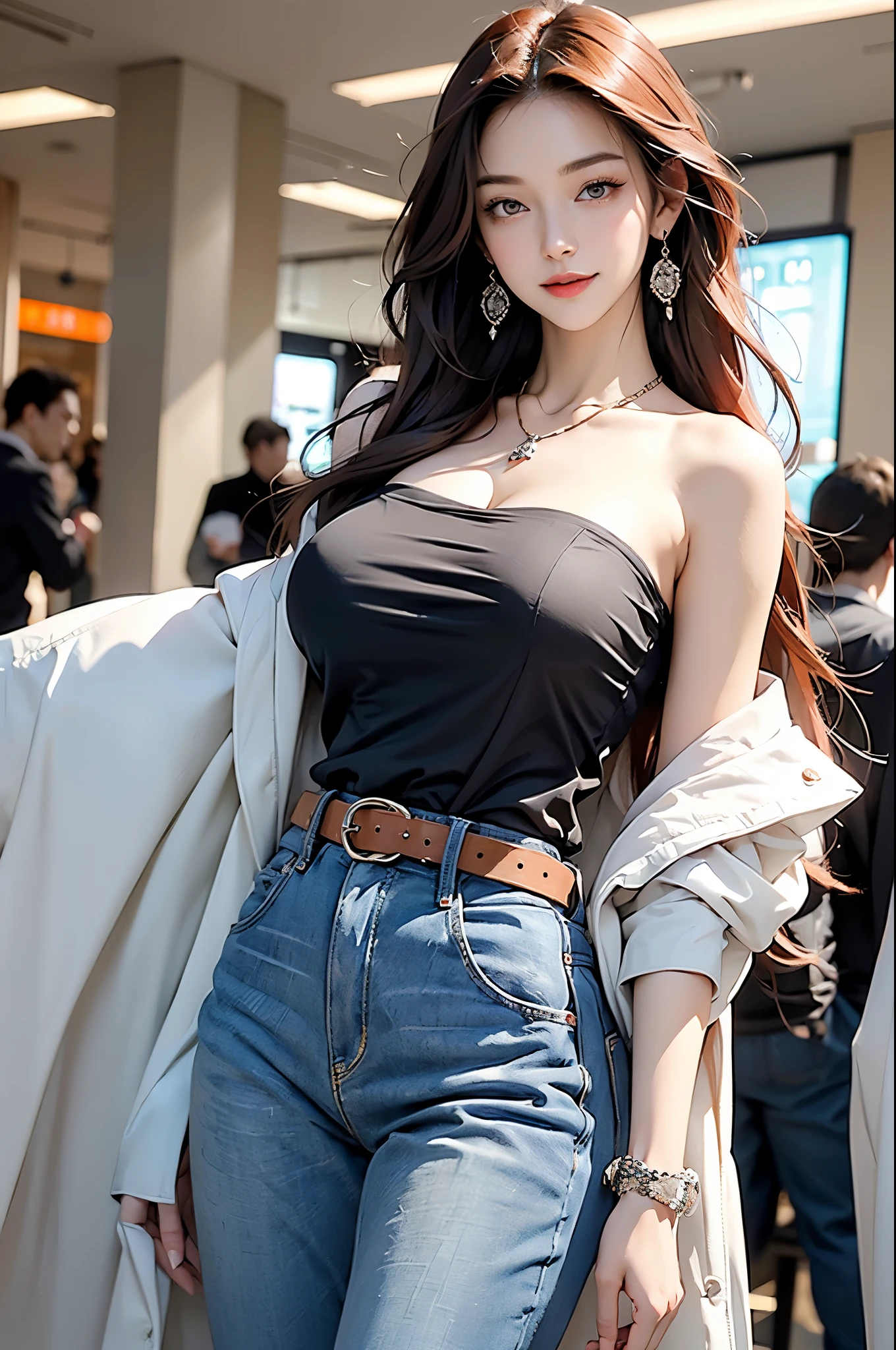 (masterpiece:1.2), (best quality:1.2), Perfect eyes, Perfect face, Perfect lighting, 1 Girl, Mature female, Smile, Long red hair, Straight Hair, Exquisite hairstyle, fashionable, One shoulder long shirt, Music Band Printables, Jewelry, necklace, earrings, Armband, Lace necklace, belt, Low-rise black jeans, Thick eyelashes, cosmetic, Eyeshadow, Detailed shopping mall background, crowd,huge , Crazy breast swelling, Chest larger than shoulder blades, Big breasts and thin waist,(huge breasts:1.2),Hydrated skin((rogue))((非常huge乳房)),((Grooves reveal original skin))