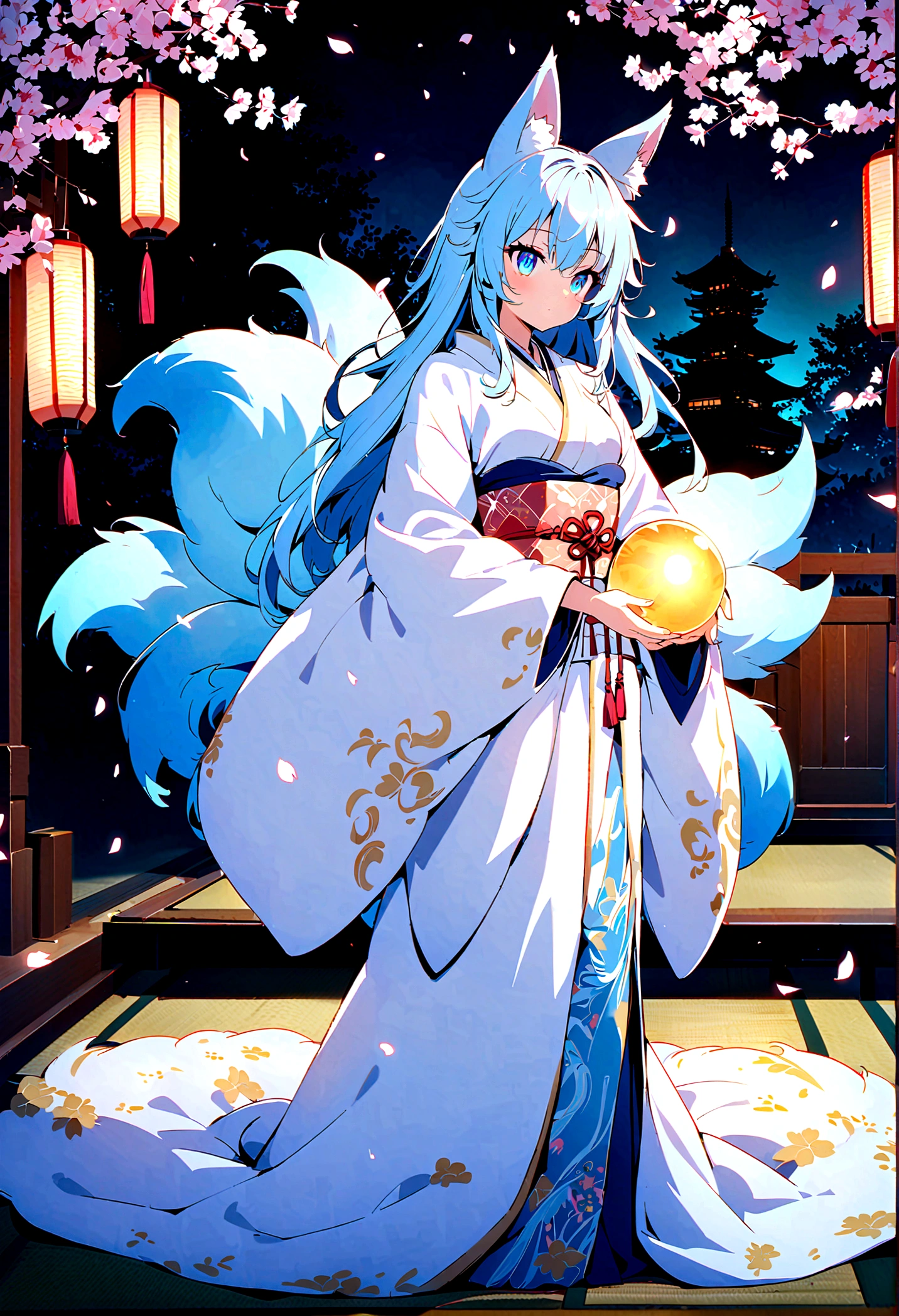 fox Light blue hair beast girl indigo fur fox beast girl fox Light blue hair beast girl indigo fur fox beast girl Wallpaper 4k,8k,highly detailled,,vivid colors,detailed kitsune with 9 tails,traditional Japanese artwork,tatami floor,beautiful cherry blossoms,floating lanterns,dark silhouette of a pagoda,subtle moonlight,dense forest,ethereal atmosphere,dappled sunlight,whimsical spirit,serene expression,elaborate kimono and obi,delicate hand-painted details,luminous eyes Anime Style fox blue White-faced golden-haired nine-tailed fox Coat blue fox Light blue hair beast girl indigo fur fox beast girl Anime Style fox blue White-faced golden-haired nine-tailed fox Coat blue mysterious background Blue Flame girl have a ball of light fox Light blue hair beast girl indigo fur fox beast girl mysterious background Blue Flame girl have a ball of light Anime Style fox blue White-faced golden-haired nine-tailed fox Coat blue mysterious background Blue Flame girl have a ball of light