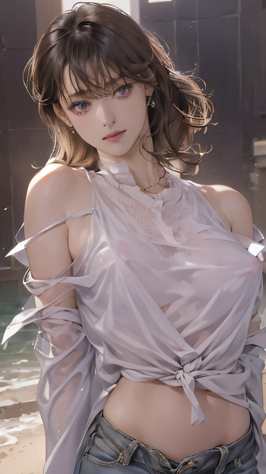 (8K、RAW Photos、Highest quality、Masseter region:1.2)、Very detailedな、Ultra-high resolution、(Realistic、Realistic photos:1.37)、Portraiture、High-resolution RAW color photos、Professional photography、hVery detailed and beautiful、Very detailed、8K Picture Wallpaper、Amazing details、Large file size、Official Art、HVery detailed CG Unity 8K wallpapers、hVery detailed beautiful girl、Very detailed顔、Very detailed目、Very detailed skin、Very detailed指、hVery detailed nose、Very detailed mouth、Perfect Anatomy、Detailed Background、Detailed clothing、1 Girl、(20:1.2)、20th generation、cute、Realistic bPetite、White skin、Glowing Skin、the body is slim、Black-haired、((Very short hair))、(Blunt bangs: 1.2)、cute、Zola々right、cute faces、Lively Faces、Delicate eyes、Source order、((Distressed jeans look))、((Red lipstick and purple eyeshadow))、((Wet, See-through shirt:1.5))、((See-through nipples))、((Exposed shoulders:1.5))、(((No good)))、(((Full nudity)))、((Backward Shot))、((Full Body Shot))、((Sad expression))、Earrings、necklace、Looking into the camera、Cowboy Shot、positive、Standing posture、Contrapo、Dynamic Lighting、((Firm D-cup milk))、