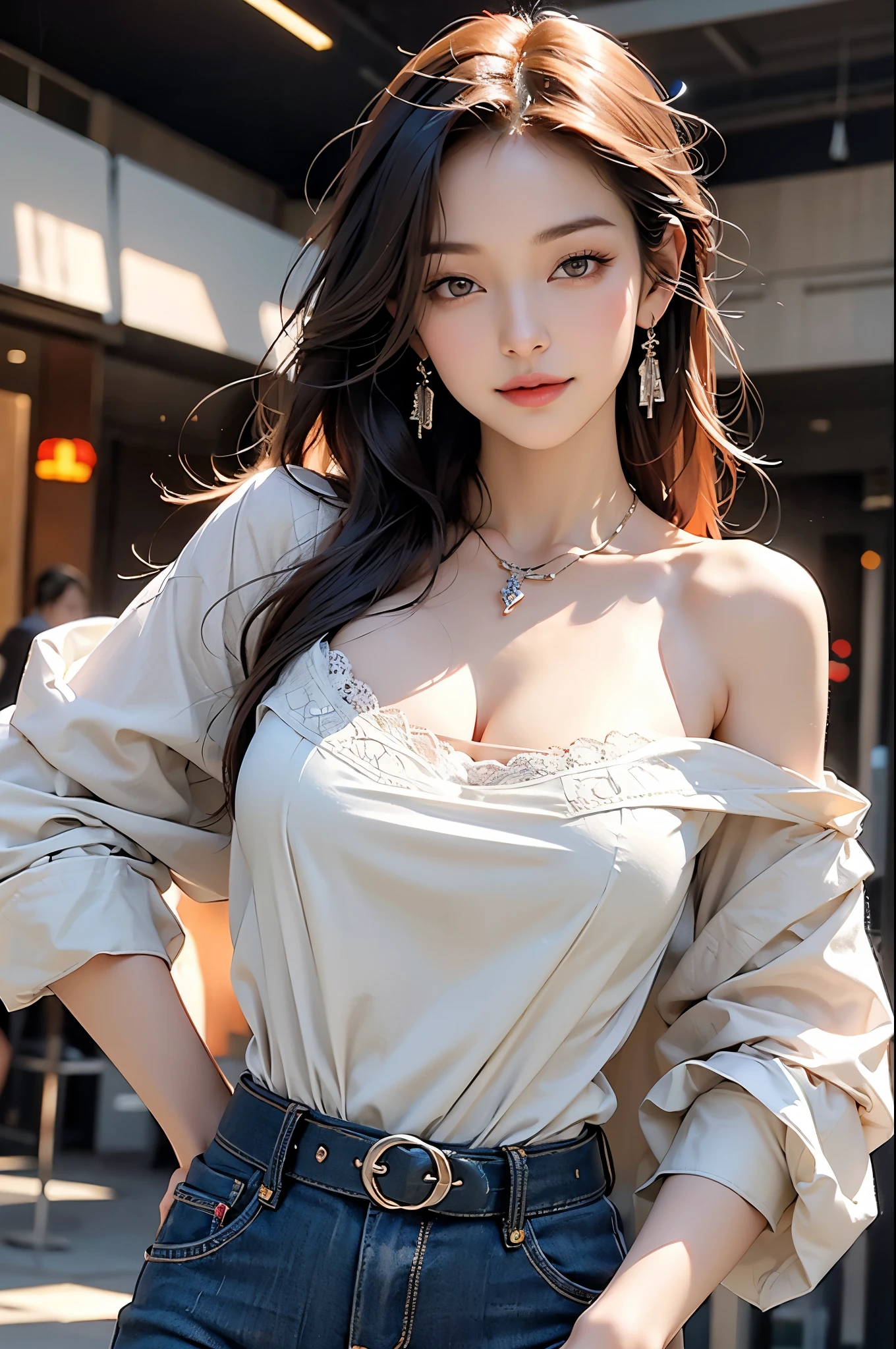 (masterpiece:1.2), (best quality:1.2), Perfect eyes, Perfect face, Perfect lighting, 1 Girl, Mature female, Smile, Long red hair, Straight Hair, Exquisite hairstyle, fashionable, One shoulder long shirt, Music Band Printables, Jewelry, necklace, earrings, Armband, Lace necklace, belt, Low-rise black jeans, Thick eyelashes, cosmetic, Eyeshadow, Detailed shopping mall background, crowd,huge , Crazy breast swelling, Chest larger than shoulder blades, Big breasts and thin waist,(huge breasts:1.2),Hydrated skin((rogue))((非常huge乳房)),((Grooves reveal original skin))