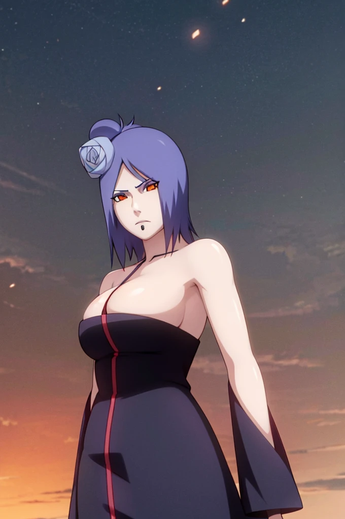 konan, short hair, hair ornament, blue hair, flower, hair flower, (orange eyes:1.2), (labret piercing:1.2), akatsuki robe with red clouds, piercings, looking at the viewer, blue hair, standing inside dark room, night time, busty, large breasts, high quality, 4k