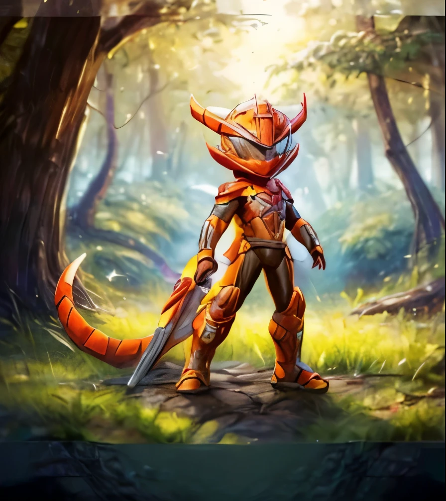 megzeromyth2023,1boy, short brown hair, yellow armor, orange energy sword, 8k, uhd, best quality, masterpiece, intricate,4k,8HD,dino armor,power ranger style,young boy,no helmet,not helmet