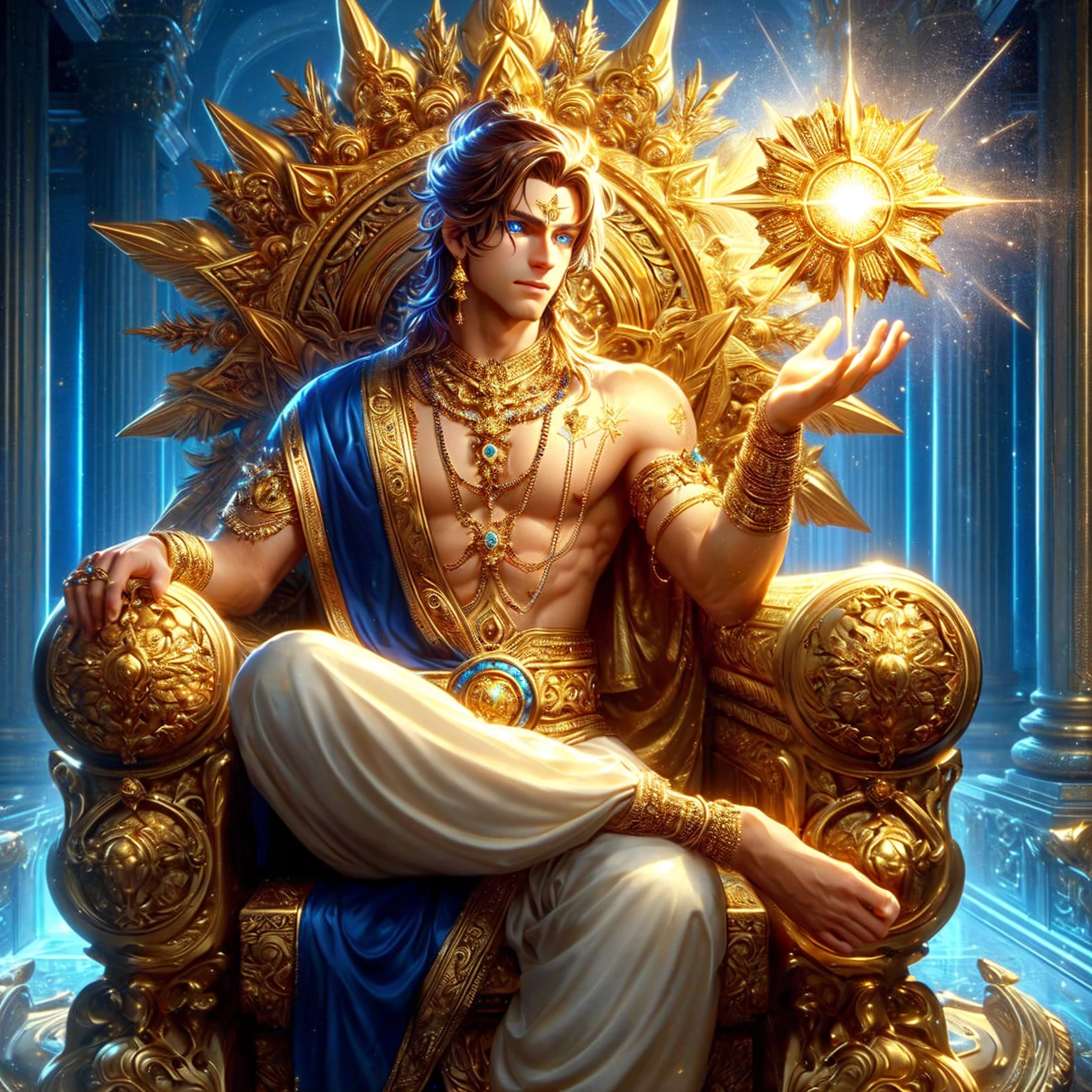 Male, blue eyes, fine gold jewelry. , god god , ,realistically ,Fine golden background. 3-D anime.