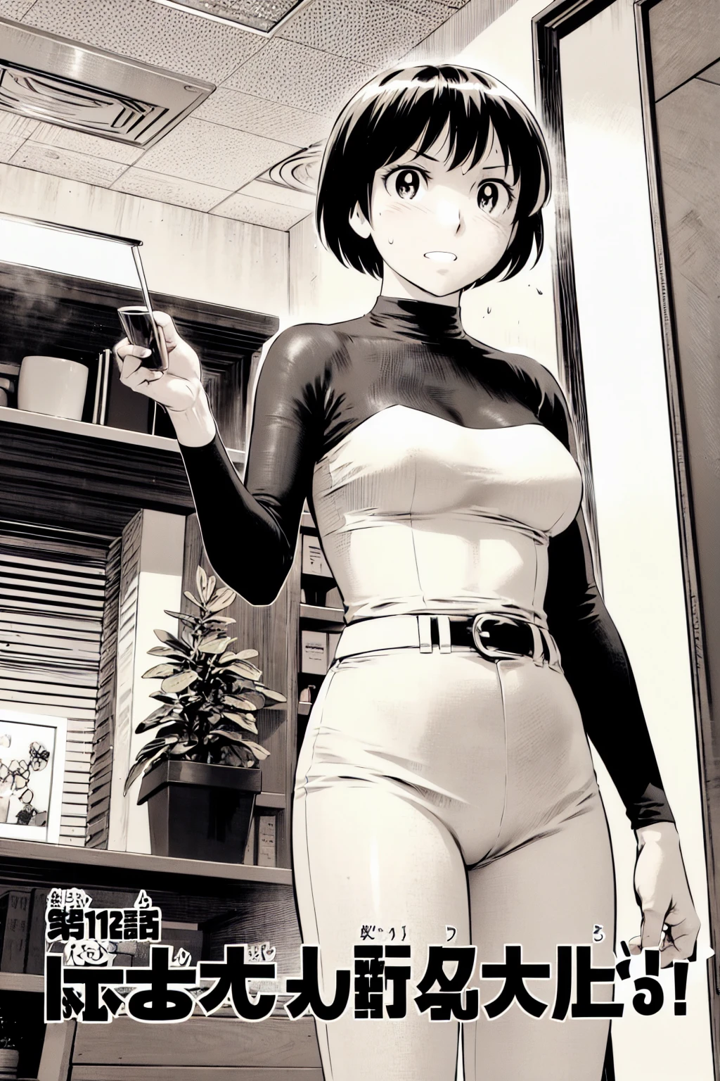 、(masterpiece、Highest quality)、Highest quality, Ultra-high resolution, (((masterpiece))), alone, Sweat、Big eyes,Tight black shirt、Tight white pants、belt、indoor、Composition from the front、(Cut the back hair short、short hair、blonde、woman)、Shortcuts、Embarrassed face、Cut your hair short、可愛いwomanの子、Big Breasts、office
