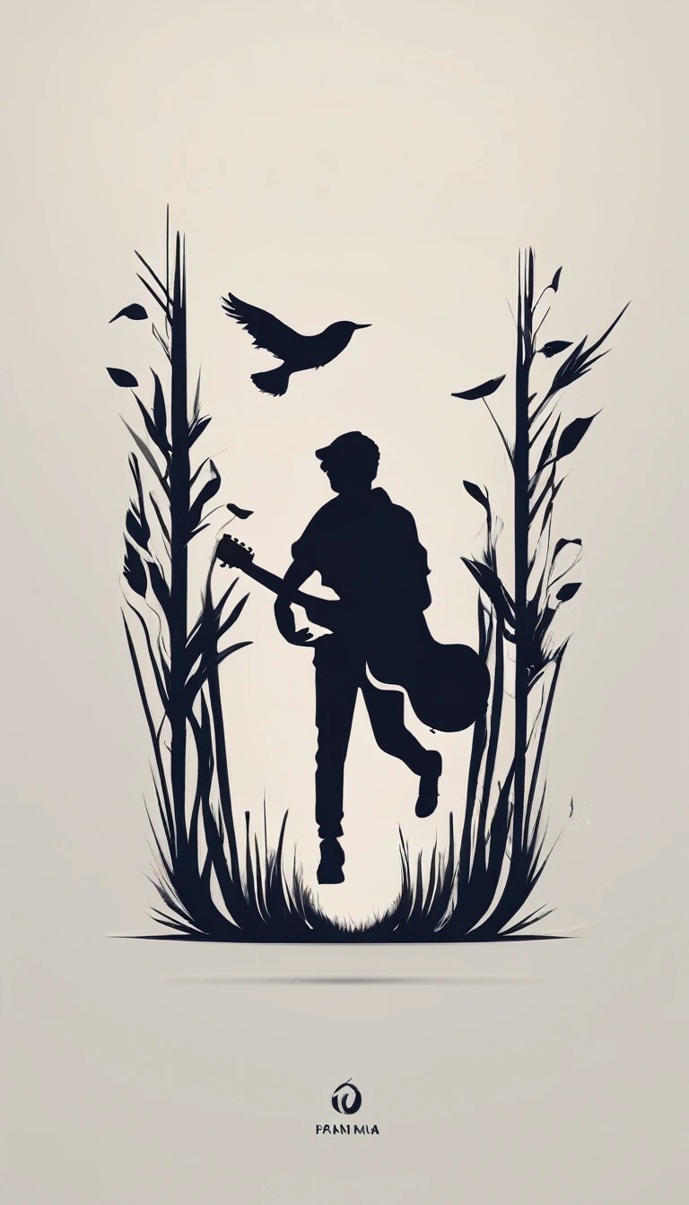 Create a modern, minimalistic logo design for a brand about music and movies called " Penamemoria". The logo must be in minimalistic style and convey a sense of storytelling. The logo is the silhouette of a boy and a bird. The boy is running with open arms, holding an acoustic guitar in the right hand and a bird feather in the left hand. Minimalistic logo design impressed on a book cover