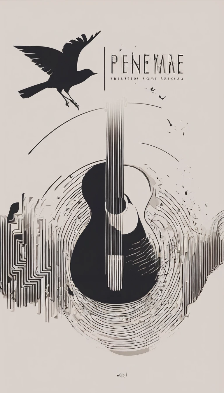 Create a modern, minimalistic logo design for a brand about music and movies called " Penamemoria". The logo must be in minimalistic style and convey a sense of storytelling. The logo is the silhouette of a boy and a bird. The boy is running with open arms, holding an acoustic guitar in the right hand and a bird feather in the left hand. Minimalistic logo design impressed on a book cover