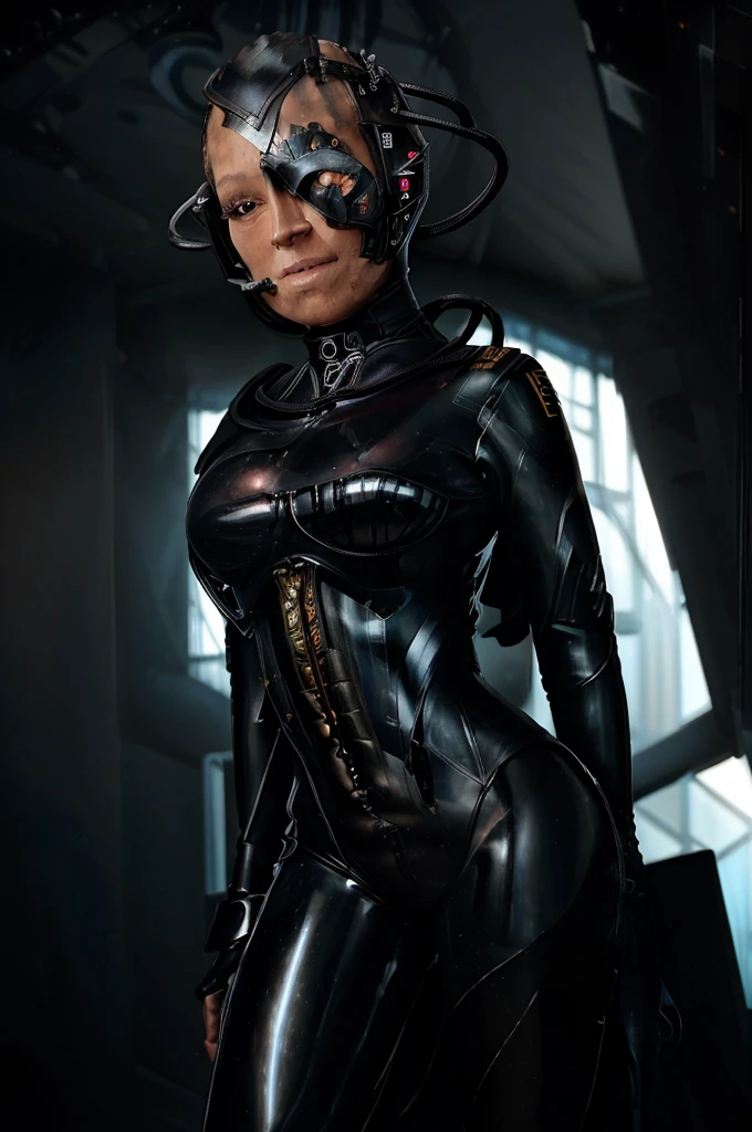 (tawny newsome:1.2), (black skin:1.2), (liquid metal girl
 sttldunf uniform:1.2), (Liquid Metal sttldunf uniform:1.2) being assimilated by  Borg, robotic, 
ballgag, leather catsuit, belt, lying, prisoner, (best quality,4k,8k,highres,masterpiece:1.2),ultra-detailed,(realistic,photorealistic,photo-realistic:1.37),dark moody lighting,dramatic chiaroscuro,cinematic, (portrait:1.2)