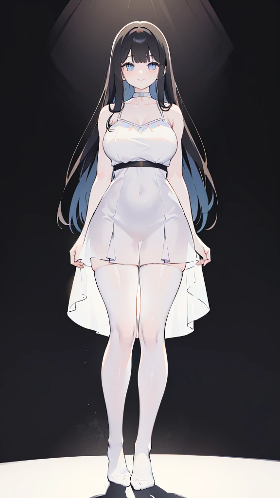 masterpiece, 8K, Detailed face, best quality, Must be created as described, (1 girl, alone, 20 years old, 158cm), (Black hair, long hair, Straight Hair, Bangs), (innocent, Big blue eyes like diamonds), (fair skin, thin waist, long legs), (Wearing a close-fitting pure white sleeveless dress, spaghetti straps, V-neck style), (The dress is light and translucent, Perfect fit), (Wearing black stockings, No shoes), (Show your thighs, Show your arms, You should be able to see the curve of your thighs, Highlight your figure), (The expression looks shy, but with a smile), (light black background, Full body portrait, Stand Up Straight, symmetry)