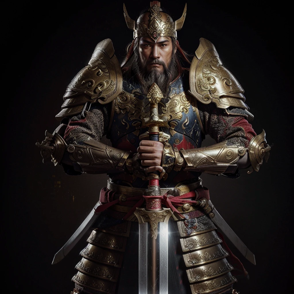full body of ancient chinese warrior with gold and red armour, holding a huge sword touching ground with 2 hands, with beard