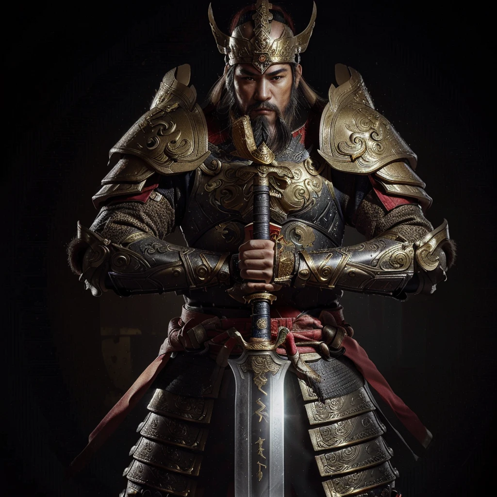 full body of ancient chinese warrior with gold and red armour, holding a huge sword touching ground with 2 hands, with beard