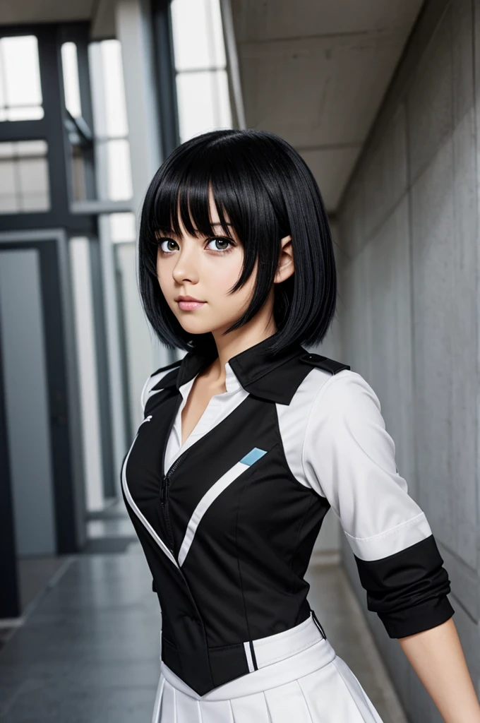 anime girl, short black hair with a white streak. grey eyes. My Hero Academia uniform.