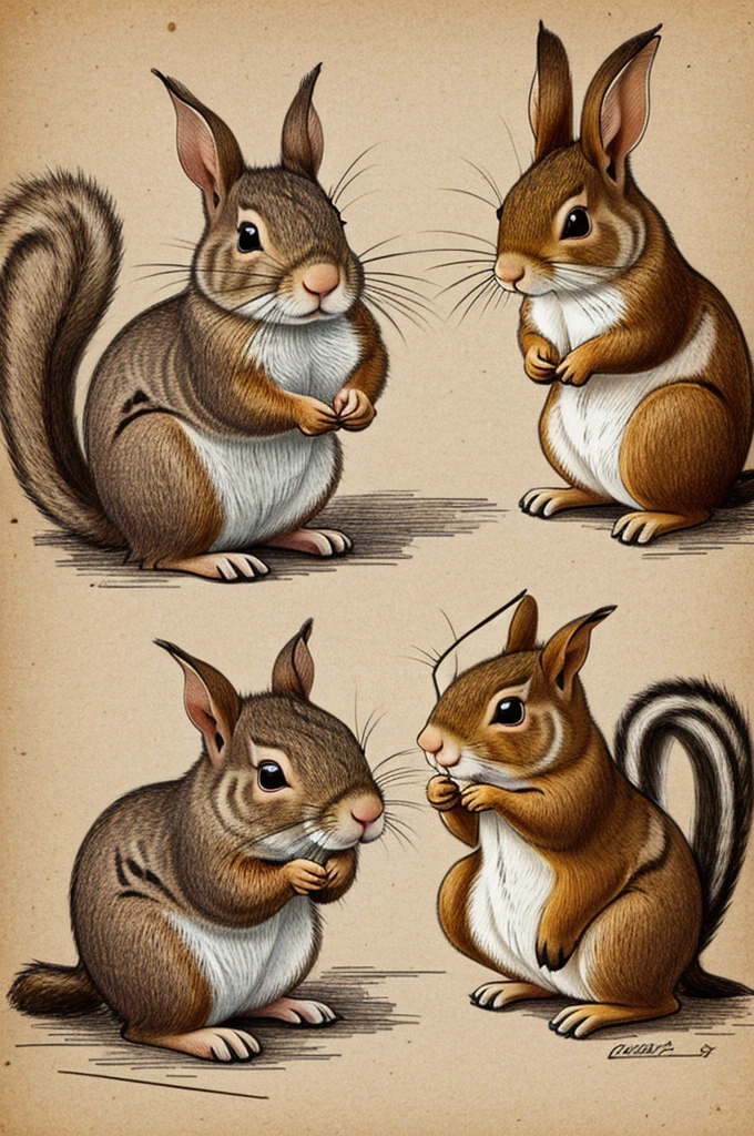 Draw a rabbit, a squirrel, a little pig like in a story