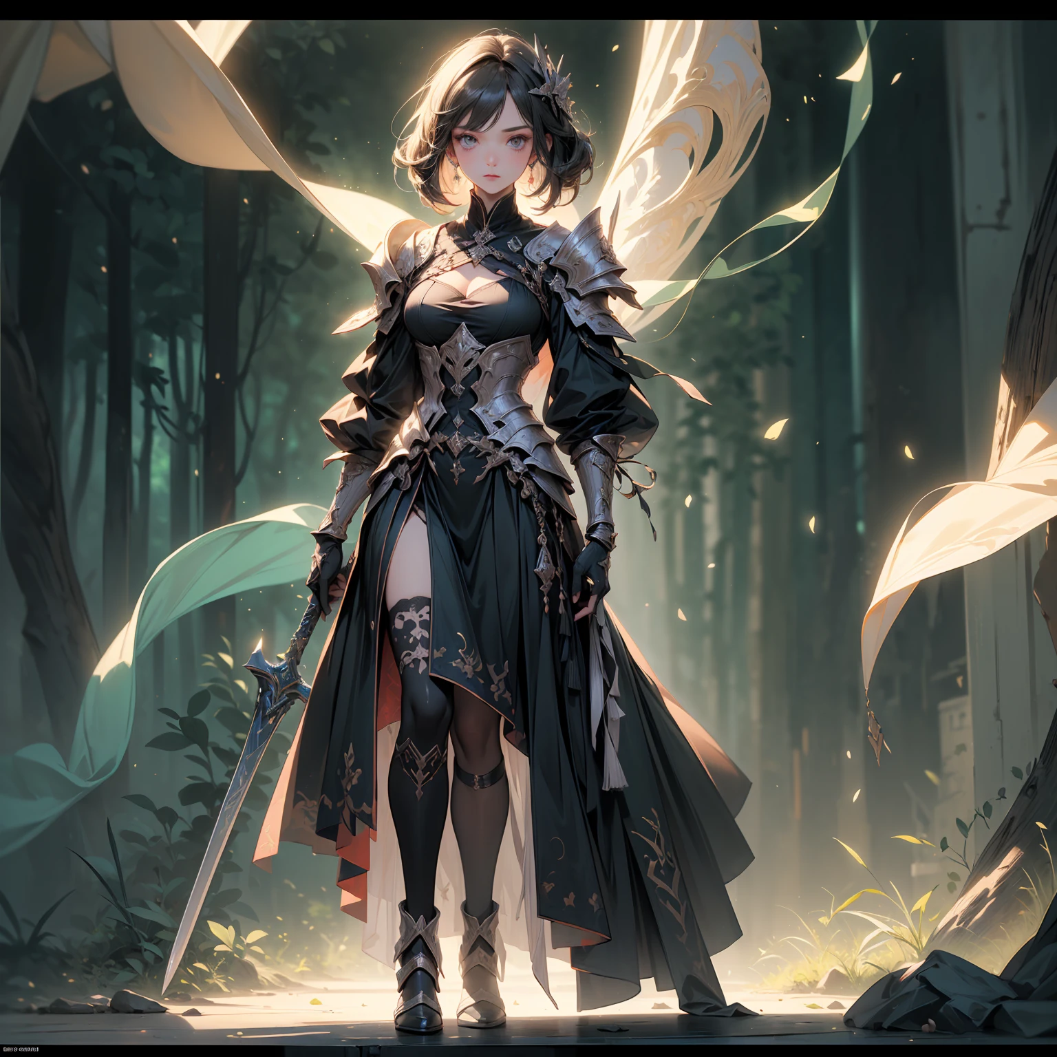 (((masterpiece, best quality, high detailed, 8k))) Design a layout showcase Gaming character, (1girl). Red|Black clothes, stylish and unique. ((showcase weapon:1.4)), enchanted sword. (masterpiece:1.2), (best quality), 4k, ultra-detailed. (Step by step design, layout art:1.5), (luminous lighting, atmospheric lighting). warrior, ((glove full hands)), (((revealing clothes:1.3))), vambraces, armored legwear, (((full_body_shot:1.4))). {In a mystical forest}.