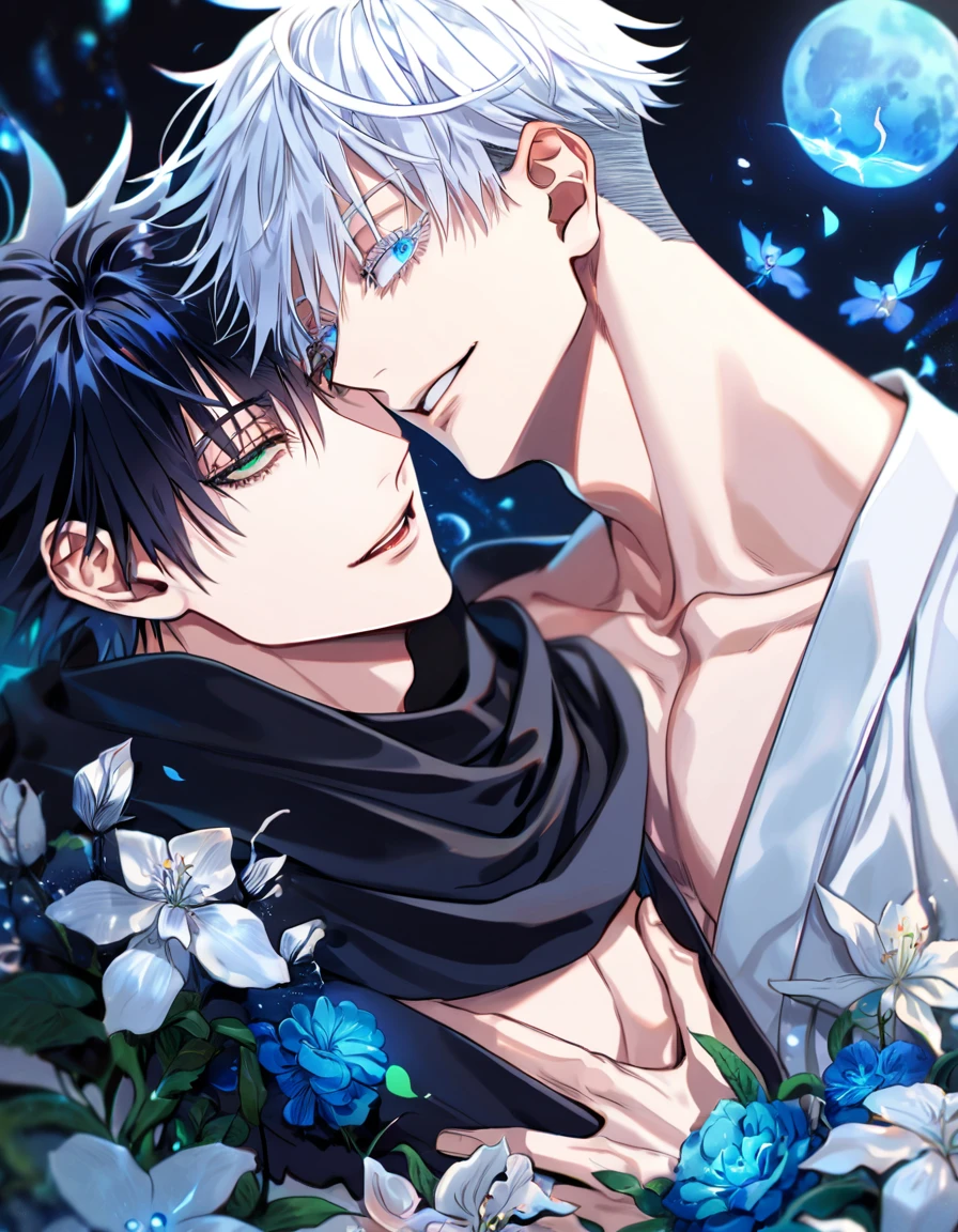 absurdres, highres, ultra detailed, HDR, master piece, Fushiguro Megumi, black hair, expressive green eyes, Gojou Satoru, white hair with bangs, white eyelashes, expressive blue eyes, black round sunglasses, Jujutsu Kaisen, two sexy man together, gay couple, yaoi, love, handsome, best quality, blue moon, flowers, fantasy, magical, water, blue shining fireflies, blue petals, black scarf, white haori, handsome smile,