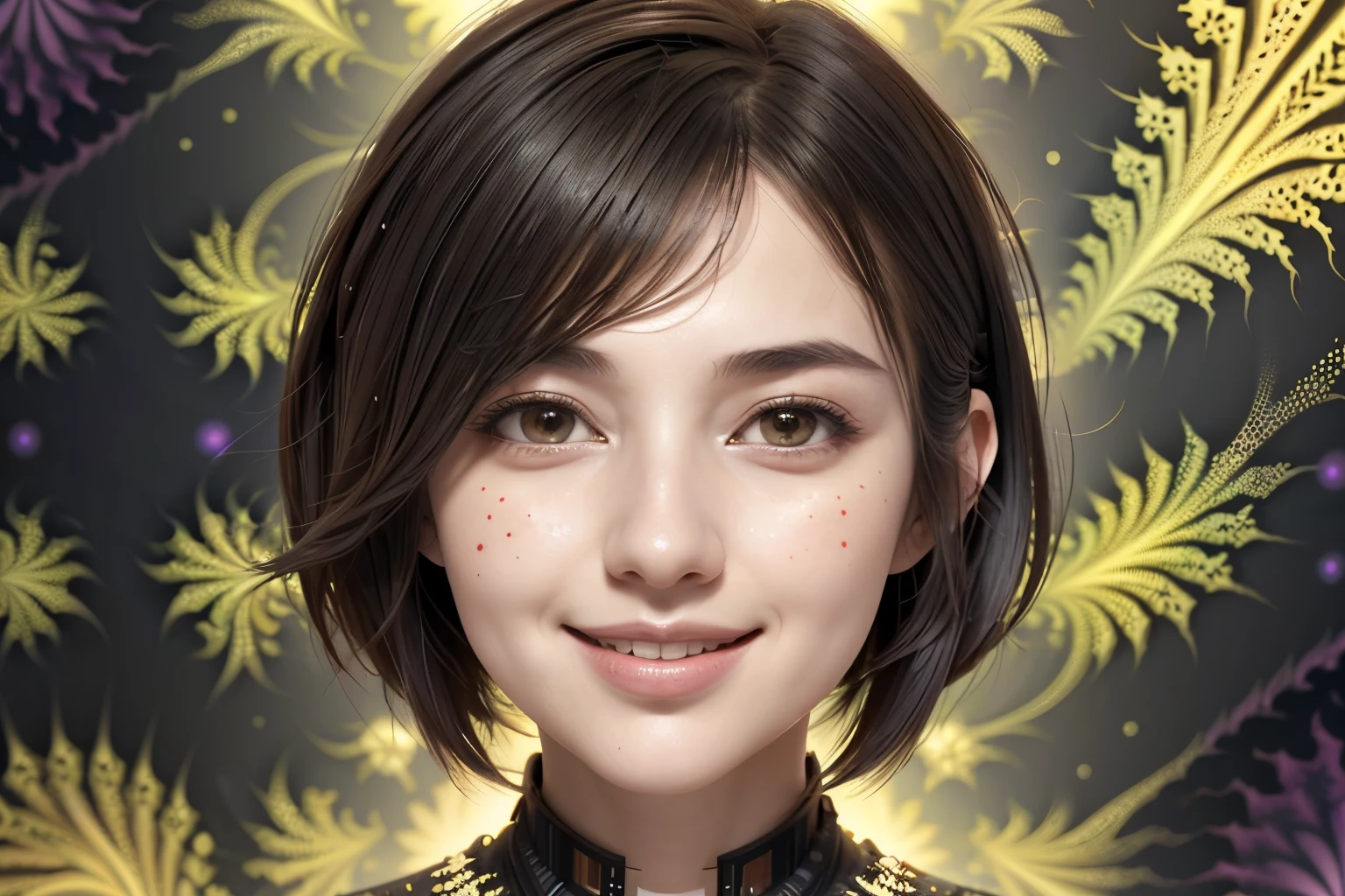 256 19-year-old female, (short hair),(Abstract background,Fractal Art:1.46), smile
