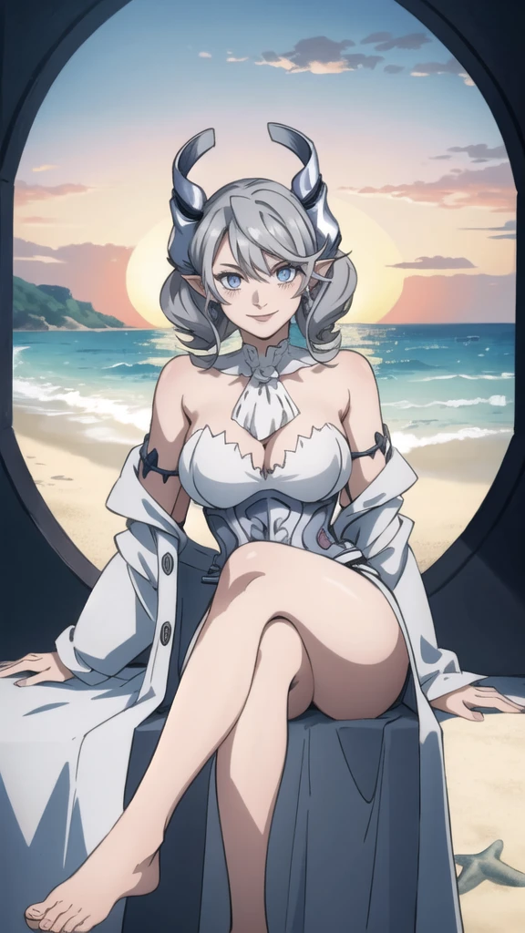 Beautiful arts wallpaper Sunset Outside castle top High level image quality best image quality 8K adult woman silver castle outside more colors whole body view portrait wearing pure white pirate dress horn ears short hair((shortcut)(gray hair)(perm)(fluffy)) eye color is blue , , attractive evil face , smile , beach , labrynth , barefoot , teasing with her breast, , sitting with crossed legs , waves