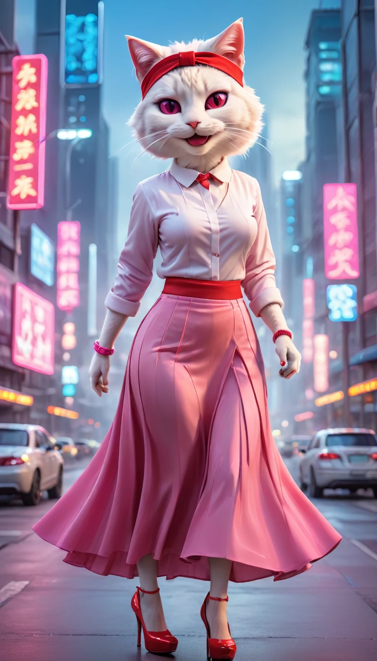 White cat wearing (urban pink flared long skirt: 1.5) and shirt. (Big smile: 1.5) (Red headband: 1.5) (Red high heels: 1.5) Standing on a high-tech cityscape road with neon lights and holographic signs. Modern cyberpunk high-tech atmosphere in the background. Nice digital painting, 3D rendering, bright lighting, vibrant colors.