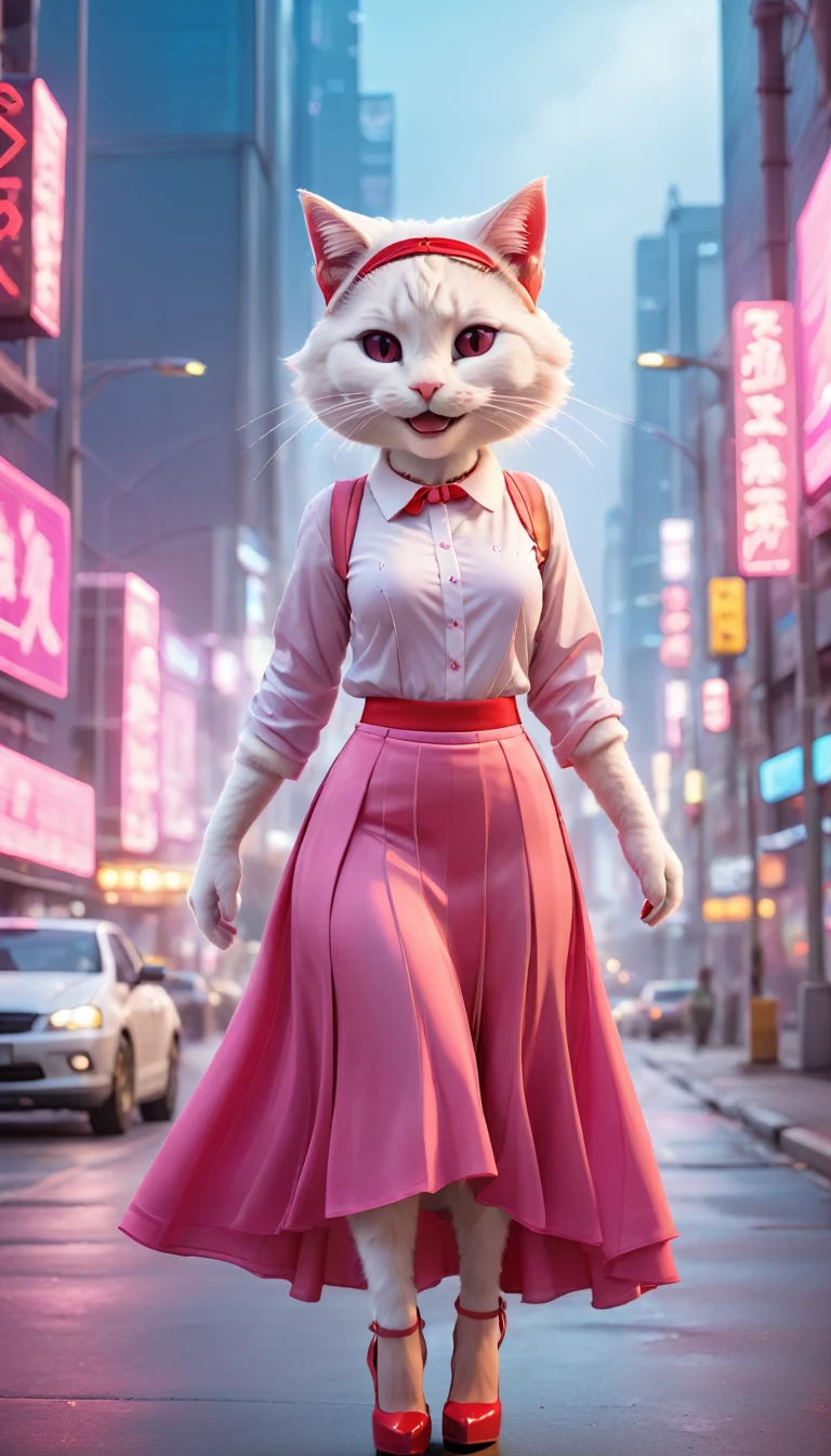 White cat wearing (urban pink flared long skirt: 1.5) and shirt. (Big smile: 1.5) (Red headband: 1.5) (Red high heels: 1.5) Standing on a high-tech cityscape road with neon lights and holographic signs. Modern cyberpunk high-tech atmosphere in the background. Nice digital painting, 3D rendering, bright lighting, vibrant colors.