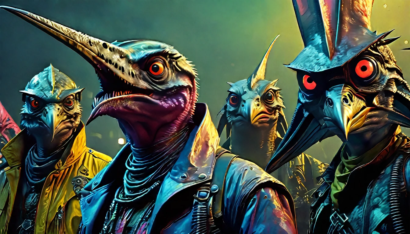 characters from Galaxy of Terror,  inspired by Ed Emshwiller and Heavy Metal Magazine, Cyberpunk apocalypse in chaotic world, stalenhag, metal album cover, gwar, flying pterosaur, monsters and robots, wayne barlowe pierre pellegrini, retro sci fi, movie poster promo, ultra detailed, complex, sharp focus, object texture, studio photo, intricate details, highly detailed, Real Photo style, hyper-realistic, high dynamic range, rich colors, realistic textures, 8K uhd, high color depth, Nikon D 850, Kodak 400 port, fujifilm XT, (cinematic:3.1)