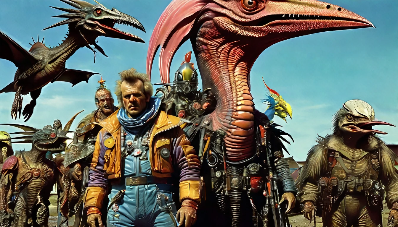 characters from Galaxy of Terror,  inspired by Ed Emshwiller and Heavy Metal Magazine, Cyberpunk apocalypse in chaotic world, stalenhag, metal album cover, gwar, flying pterosaur, monsters and robots, wayne barlowe pierre pellegrini, retro sci fi, movie poster promo, ultra detailed, complex, sharp focus, object texture, studio photo, intricate details, highly detailed, Real Photo style, hyper-realistic, high dynamic range, rich colors, realistic textures, 8K uhd, high color depth, Nikon D 850, Kodak 400 port, fujifilm XT, (cinematic:3.1)