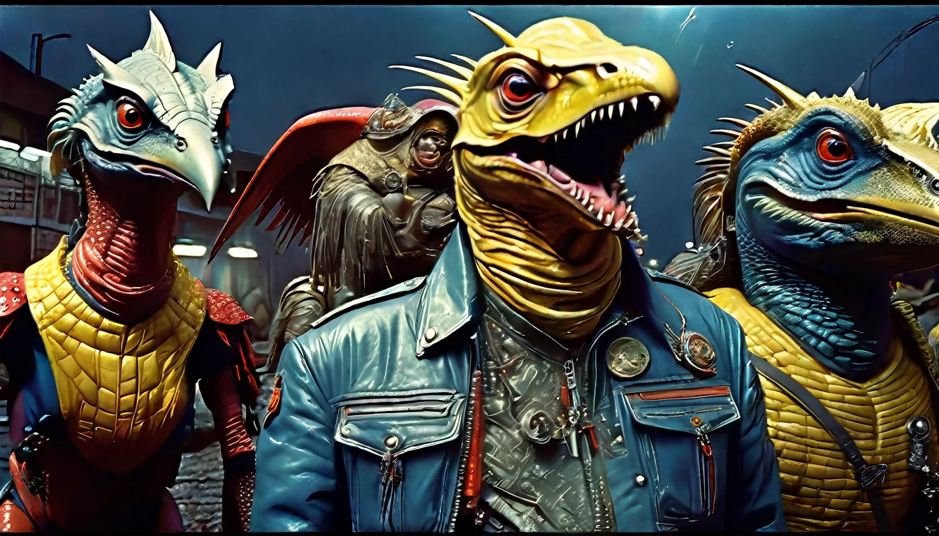characters from Galaxy of Terror,  inspired by Ed Emshwiller and Heavy Metal Magazine, Cyberpunk apocalypse in chaotic world, stalenhag, metal album cover, gwar, flying pterosaur, monsters and robots, wayne barlowe pierre pellegrini, retro sci fi, movie poster promo, ultra detailed, complex, sharp focus, object texture, studio photo, intricate details, highly detailed, Real Photo style, hyper-realistic, high dynamic range, rich colors, realistic textures, 8K uhd, high color depth, Nikon D 850, Kodak 400 port, fujifilm XT, (cinematic:3.1)