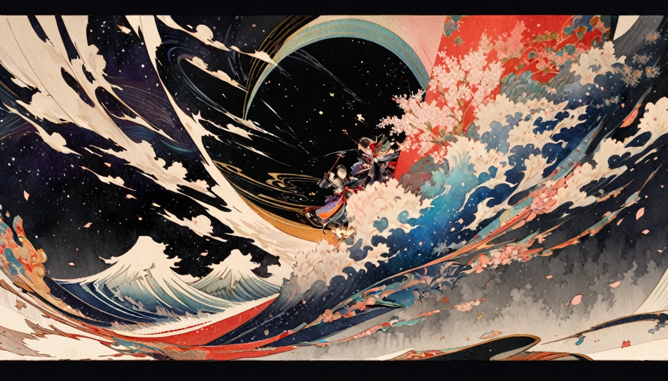 best quality, super fine, 16k, 2.5D, delicate and dynamic depiction, 7-person koto ensemble, cherry blossom petals falling on the stage, sense of dynamism, tense atmosphere that feels like another world, performance from another dimension, moving effects, so beautiful, attractive and seductive expression, detailed decorated background, elegant effects, fusion of watercolors and oil paintings, fusion of paper cutting and shadow puppetry, mix of monochrome and color, mix of Japanese painting, ukiyo-e and woodblock prints, ink, shading, gradation, artwork with vibrant colorful colors, detailed decorated backgrounds, wet in wet, water splash, Japanese paper quality, (background space galaxy:1.5)