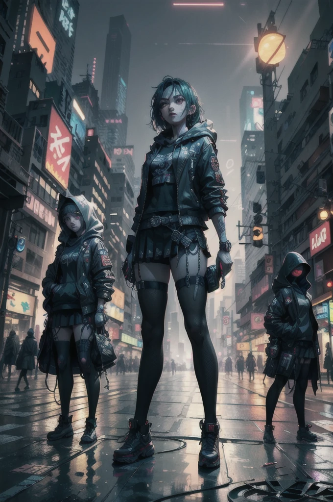 (Master Parts, Full Body Shot, Complex生写真) Cyberpunk Teenage Girl, Comfortable oversized black hood, Black short skirt, Neon details on dark clothing,Green Hair, Neon Light Details, Complex, Futuristic, vision, Random Sensual Positions, Cyberpunk City, Neon lights in the city, night, Instagram Photos, Photo of the Year, Octane Rendering, substance, Maya 3D |, Cinema 4D, Trend Art Station,  Deviant art trends,