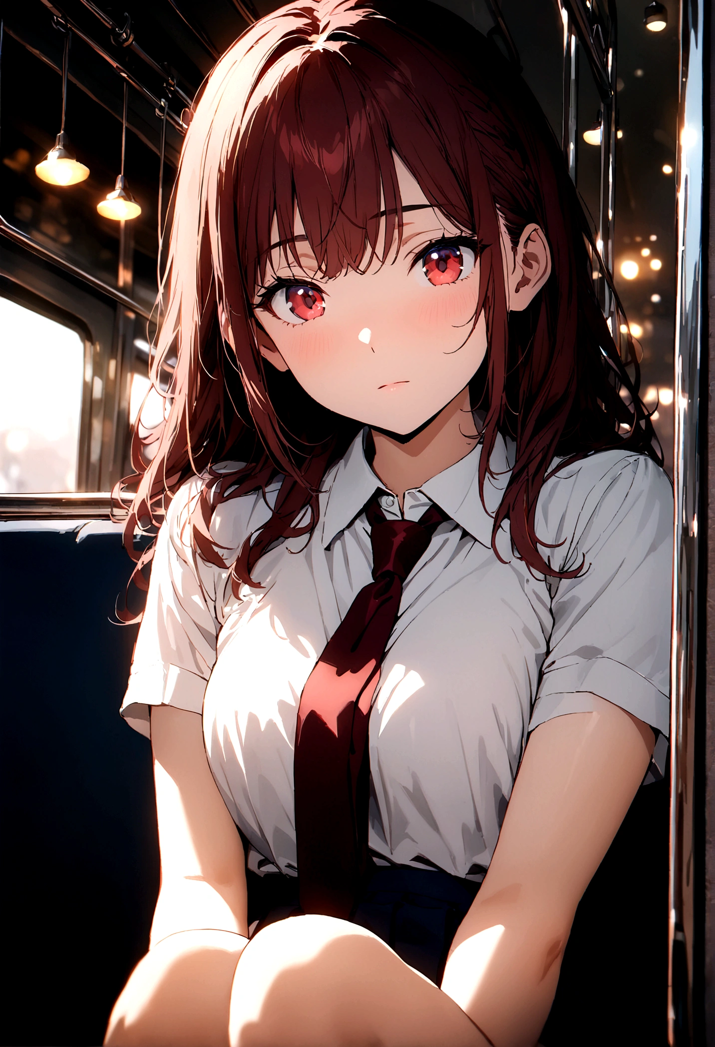 (masterpiece, Highest quality:1.2), 8K, 15 years, 85mm, Official Art, RAW Photos, Absurd, White dress shirt, Pretty face, close, Upper Body, violet, Gardenia, beautiful girl, , (Navy Pleated Skirt:1.1), Squeeze the waist, Thighs, Short sleeve, in the train, sit on bench seat, View your viewers, No makeup, (smile:0.4), Film Grain, chromatic aberration, Sharp focus, Face Light, Bright lighting, Teen, Detailed face, Bokeh Background, (Dark red tie:1.1)