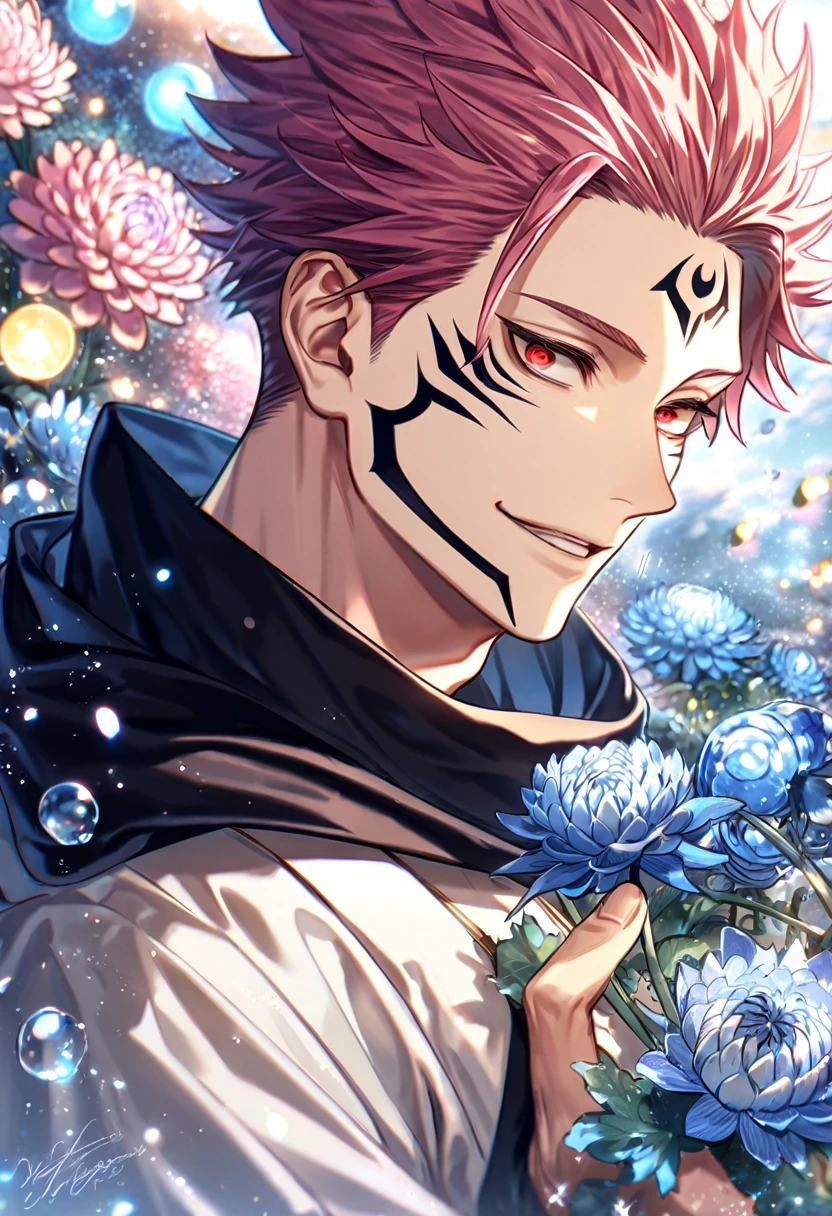 absurdres, highres, ultra detailed, HDR, master piece, best quality, extremely detailed, Ryoumen Sukuna, pink hair, expressive red eyes, Jujutsu Kaisen, solo, sexy man, handsome, handsome smile, black scarf, white kimono, fantasy, water, sparkling, blue glittering fireflies, blue moon, blue blossoms, blue chrysanthemums, blue sparkling lights, starry sky