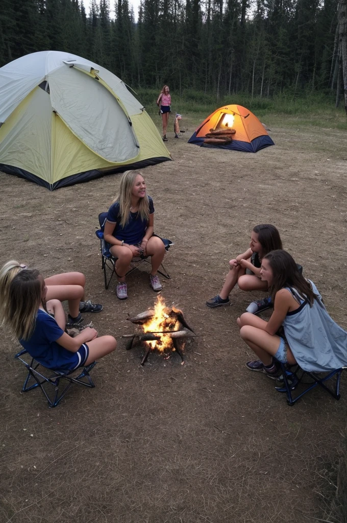 Picture taken with an iPhone. Camping area. Wearing only underwear. Two girls together. One girl is blonde and the other girl is brunette. Around one fire. It’s almost nighttime
