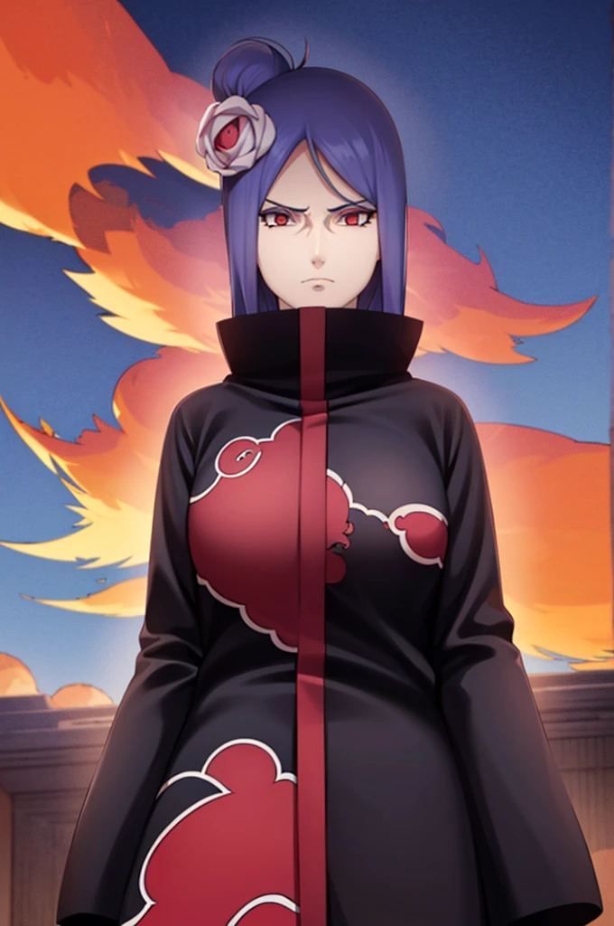 (((akatsuki robe with red clouds))), piercings, looking at the viewer, blue hair, standing inside dark room, night time, busty, large breasts, high quality, 4k