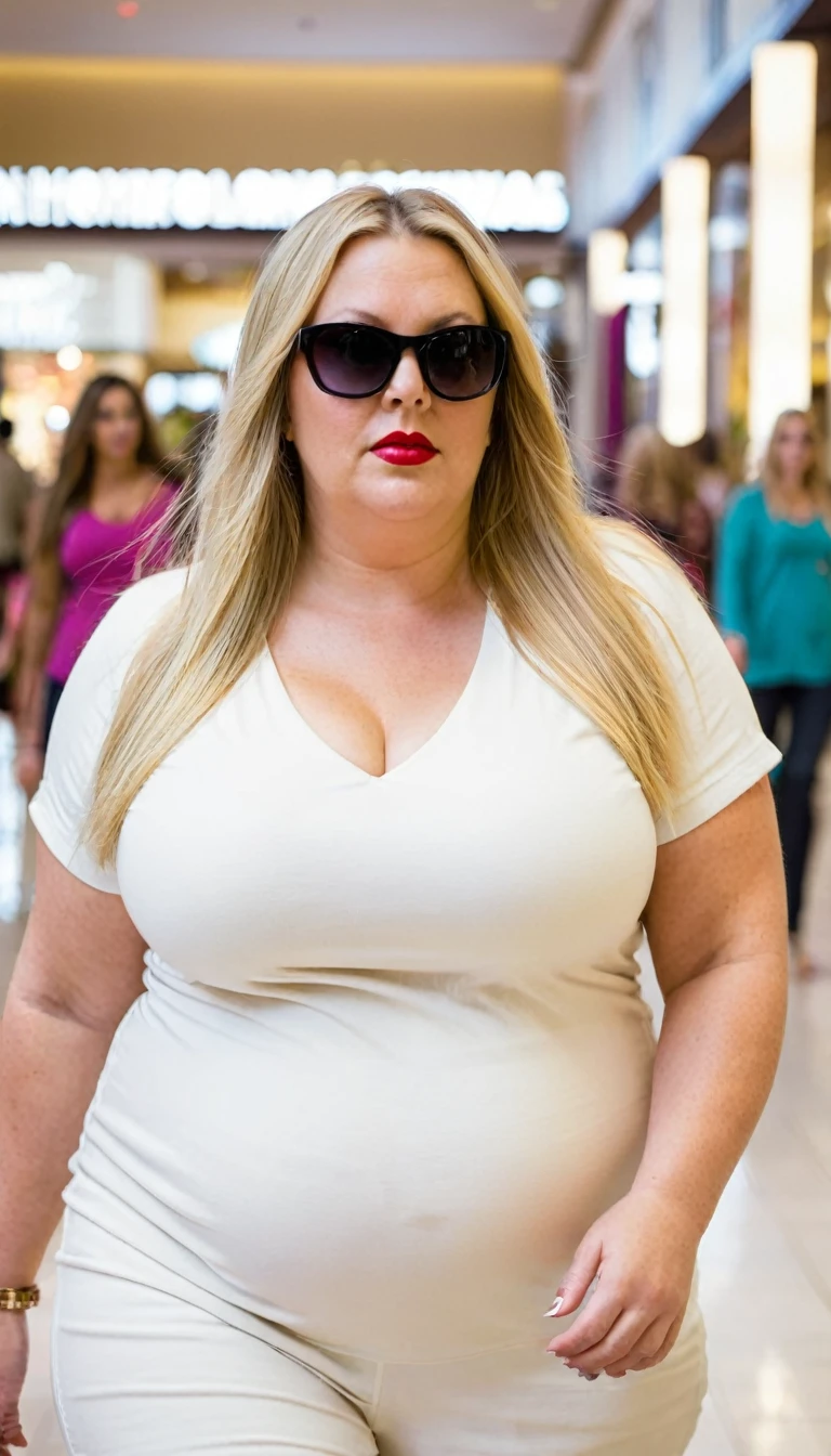 Fat woman, 40 years old white Caucasian woman, walking inside mall, long straight blonde hair, serious, chubby, bbw, casual, sunglasses, lipstick, big hips 