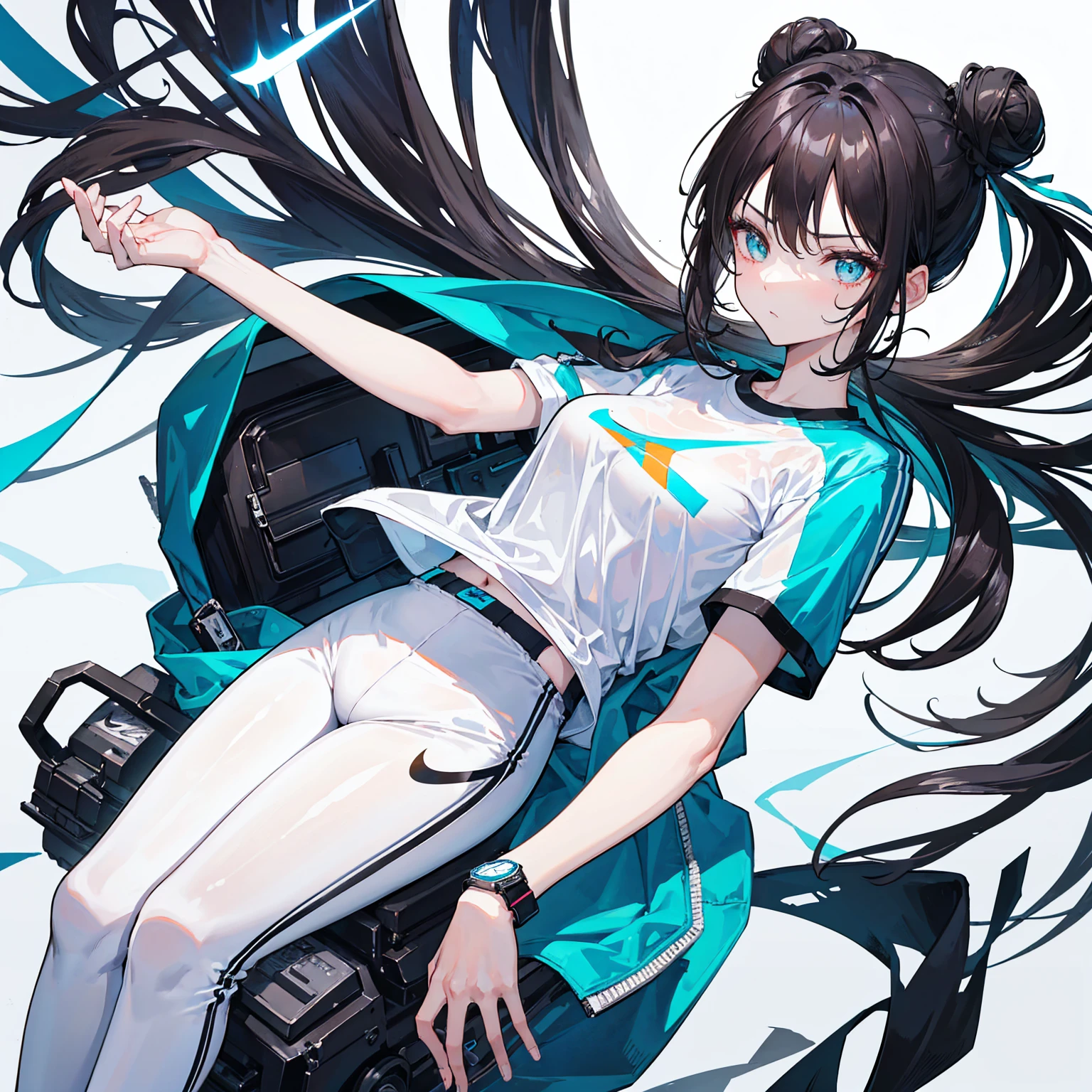 Cool hot girl, fitted body, black hair, dark brown eyes,Cyan and white Nike style sport shirt, sport watch, white pants, hot and cool, 21 years old, ice effects, mangwa, hair bun.