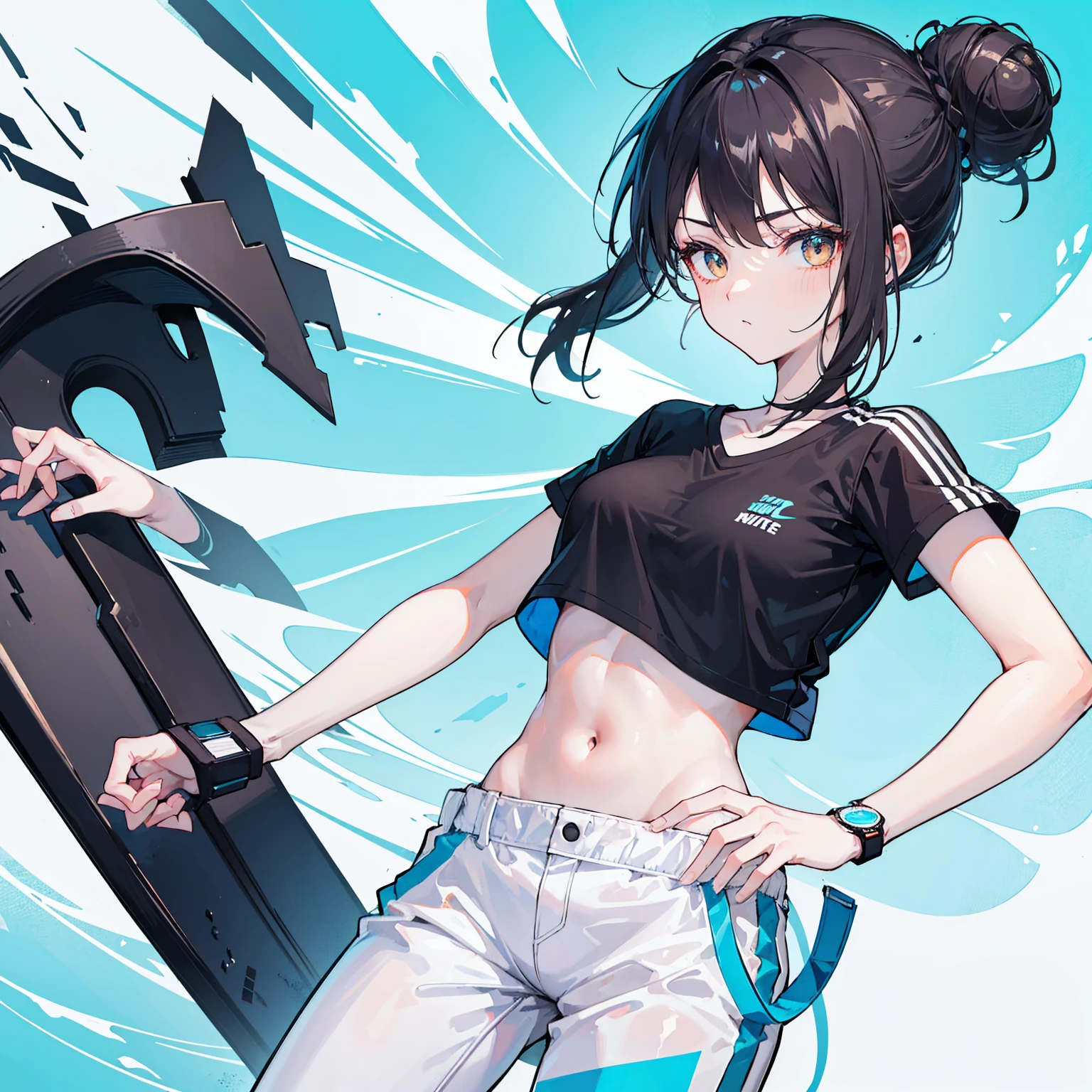 Cool hot girl, fitted body, black hair, dark brown eyes,Cyan and white Nike style sport shirt, sport watch, white pants, hot and cool, 21 years old, ice effects, mangwa, hair bun.