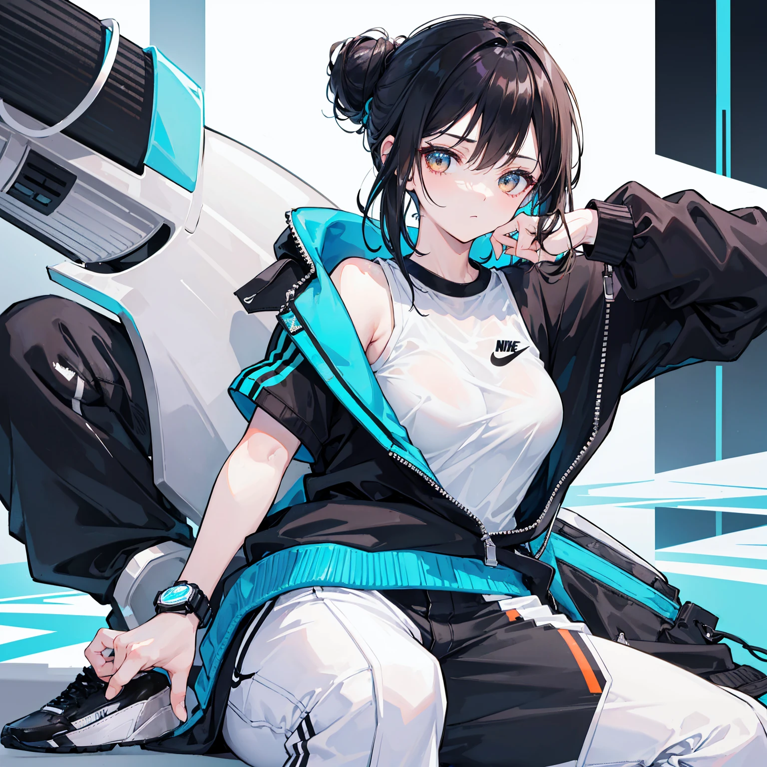Cool hot girl, fitted body, black hair, dark brown eyes,Cyan and white Nike style sport shirt, sport watch, white pants, hot and cool, 21 years old, ice effects, mangwa, hair bun.
