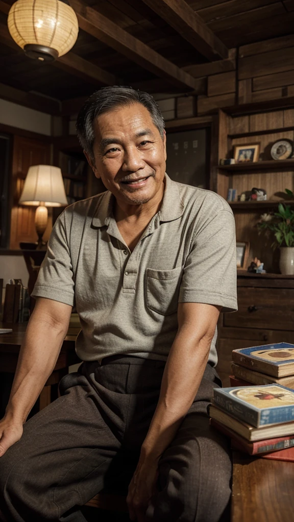 An old Asian man, about sixty years old, smiling appearance, mắt nhìn thẳng vào máy ảnh. he is sitting at a table with books and he is in a cozy room , Comic book style, 4k rendering, uhd, acetate.