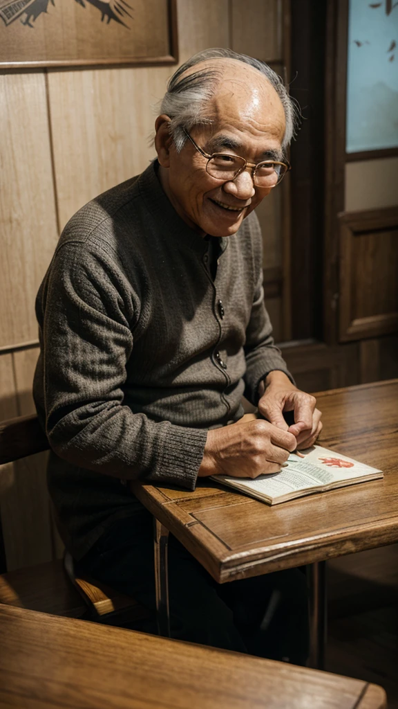 An old Asian man, about sixty years old, smiling appearance, mắt nhìn thẳng vào máy ảnh. he is sitting at a table with books and he is in a cozy room , Comic book style, 4k rendering, uhd, acetate.
