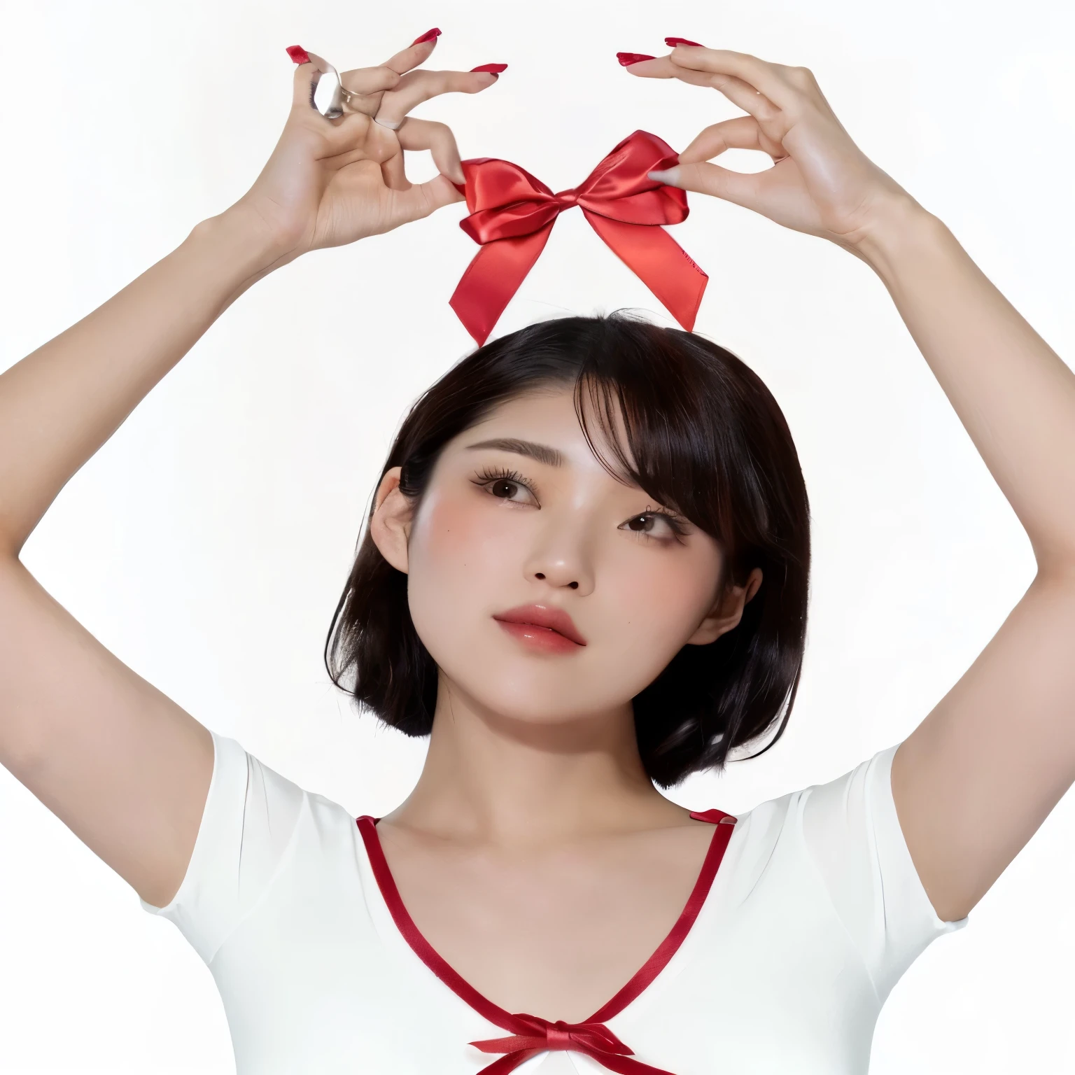 Mujer arafed con un ribbon rojo en la cabeza y las manos., ribbon rojo en el pelo, un ribbon rojo en su cabello, holding a bow, shikami, Kimi Takemura, ribbon, chiho, japanese model, using hair bow, Yasumoto Oka, Red ribbon, of a young Japanese woman, the hime cut, Arco ornamental