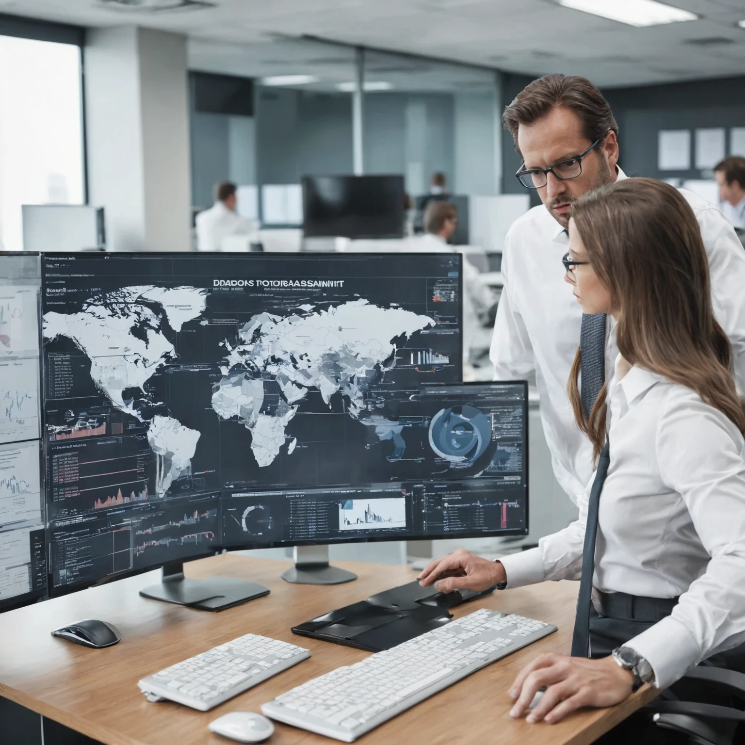 Create an image of a business consultant in a modern office, discussing graphs and data with an executive. No fundo, there must be a large screen displaying data graphs and artificial intelligence elements. The image must convey a professional and collaborative environment, focusing on innovation and technology.