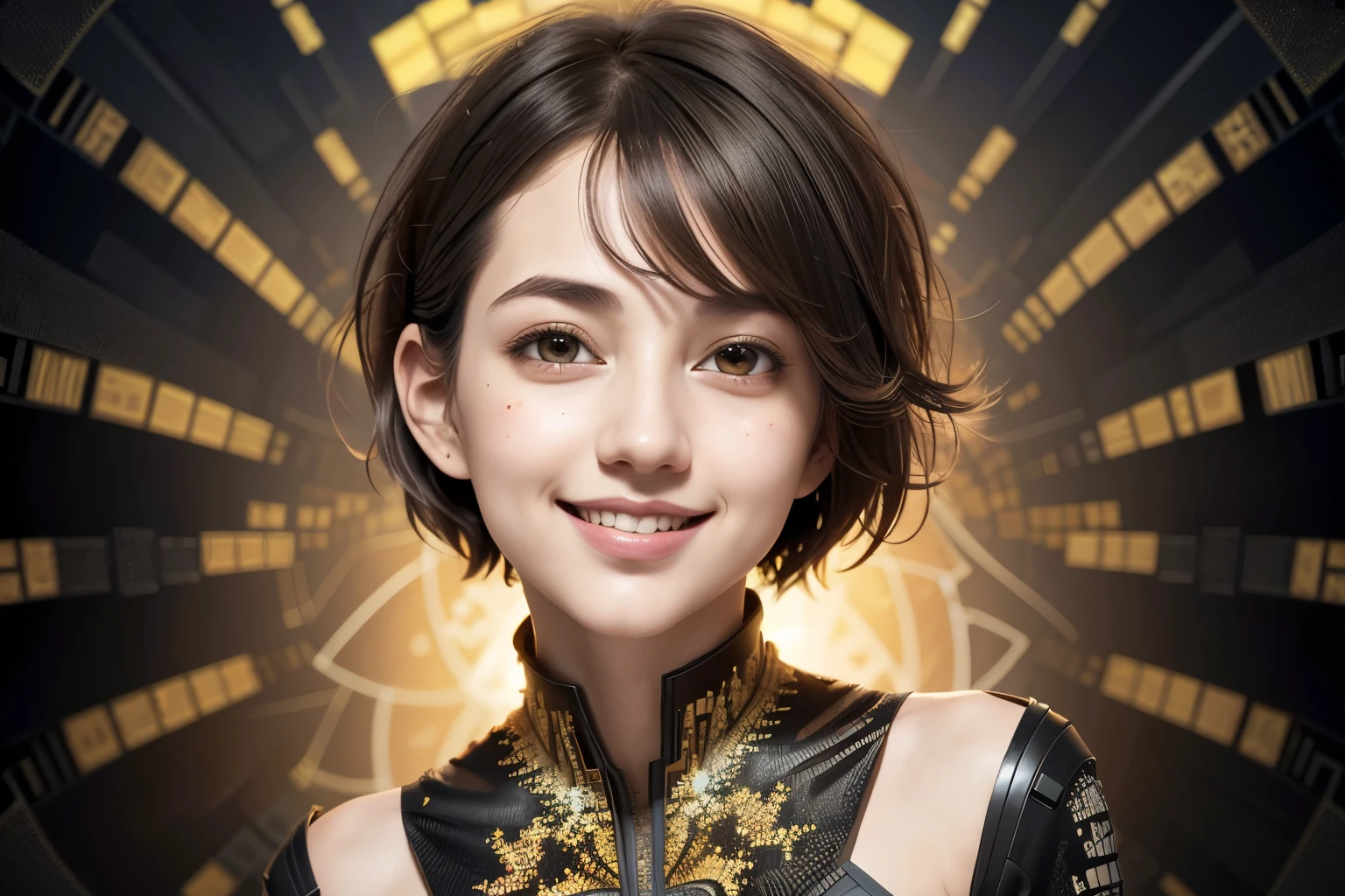 256 19-year-old female, (short hair),(Abstract background,Fractal Art:1.46), smile