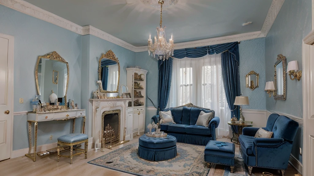 (Indoor),(super blue Cinderella'sRoom:1.4),(Modern and Sophisticated Furniture:1.2),(Plush Velvet Chair and Ottoman:1.4),(Elegant Curtains and Window Treatments:1.2),(Designer clothing:1.4),(Instagrammable corner for fashion photos:1.2),(Unique Framed Statement Mirror:1.4),
(fashion runway style rug:1.2),(customized closet with trendy clothes:1.2),(glamorous dressing table:1.2),(Fashion magazines:1.2),
(Kawaii decorations:1.4),(chic light fixture:1.4),(cozy and stylish bedding:1.4),(Makeup vanity:1.4),(A dedicated area for fashion accessories:1.3),(High-end accessories:1.2),(Fashion sketches and design books:1.2),(Plenty of storage for shoes and accessories:1.2),