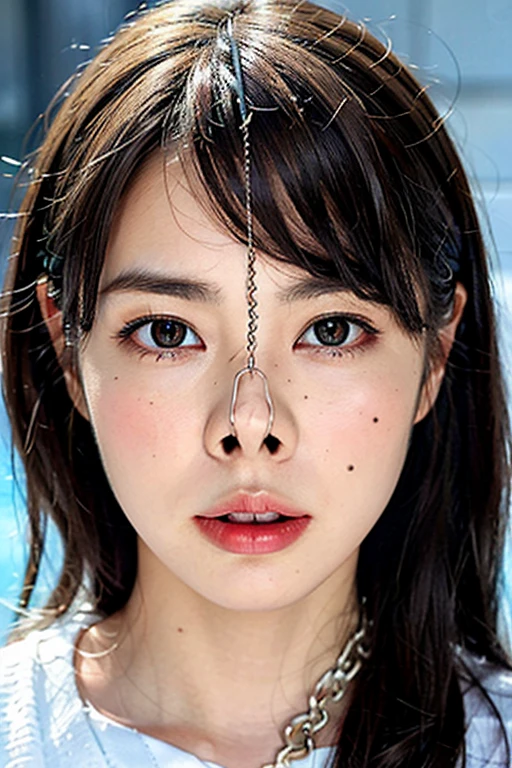 (nsfw:-2), (realistic, photo-realistic :1.4), (Highest quality, masterpiece:1.2), RAW photo, high resolution, intricate details, extremely detailed, realistic and sharp details, portrait, (bust shot, frontal photography:1.2 ), solo, a Japanese beautiful woman, pretty woman, detailed face, detailed eyes, beautiful pupils, sophisticated nose, pale skin, fine-textured skin, (nose hook), metal-collar, collarbone, shoulders, t-shirt, skirt, 