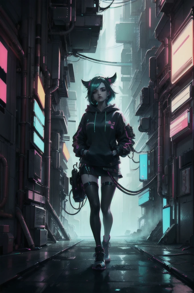 (Master Parts, Full Body Shot, Complex生写真) Cyberpunk Teenage Girl, Comfortable oversized black hood, Black short skirt, Neon details on dark clothing,Green Hair, Neon Light Details, Complex, Futuristic, vision, Random Sensual Positions, Cyberpunk City, Neon lights in the city, night, Instagram Photos, Photo of the Year, Octane Rendering, substance, Maya 3D |, Cinema 4D, Trend Art Station,  Deviant art trends,